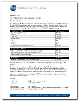 Intertape Increase Letter